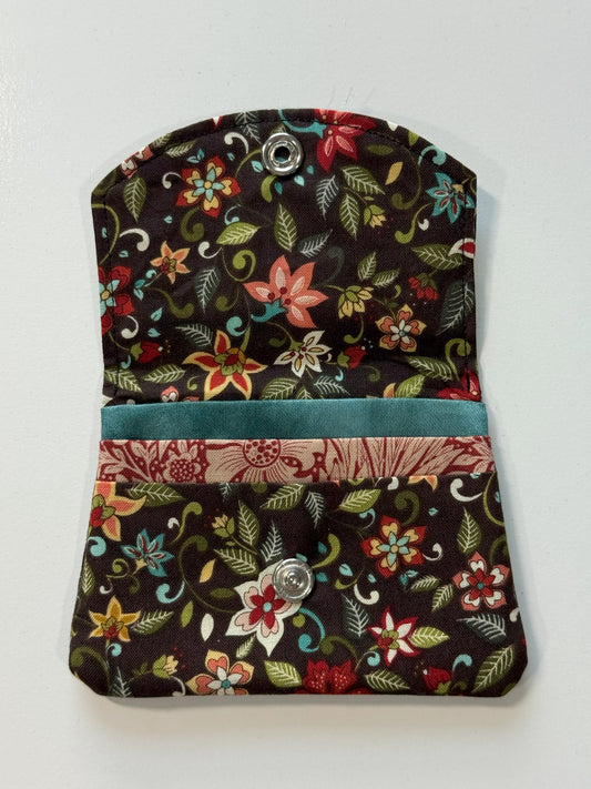 Brown Floral Fabric Wallet with Red and Blue Accents