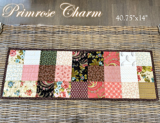 Quilted Table Runner – Floral Patchwork in Warm Neutrals & Pink | Handmade Cotton Table Décor