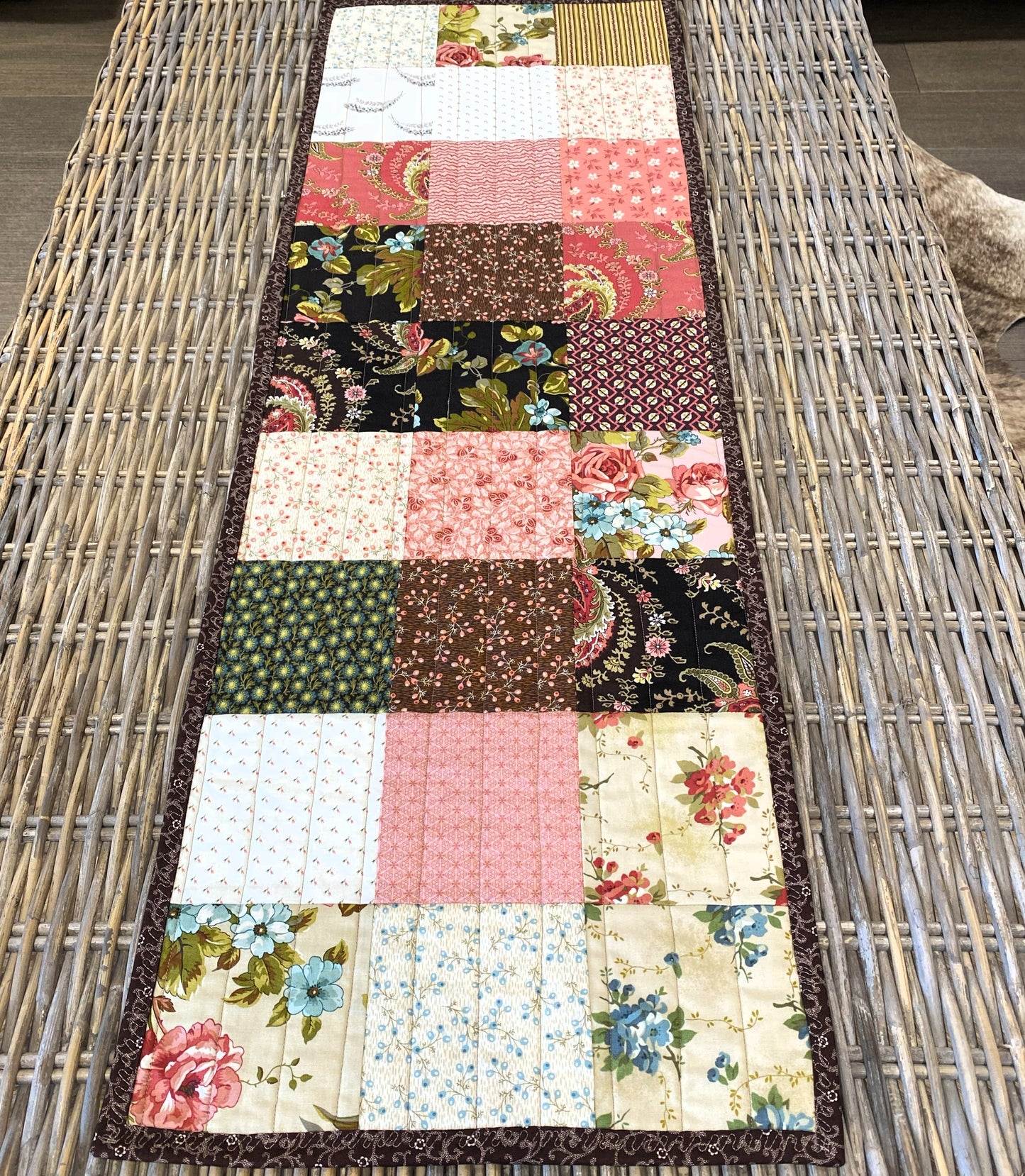 Quilted Table Runner – Floral Patchwork in Warm Neutrals & Pink | Handmade Cotton Table Décor