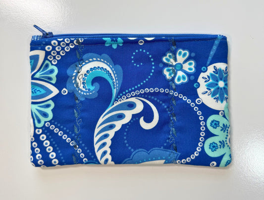 Medium Quilted Zipper Pouch – Blue & White Floral Pencil Case, Handmade Cotton Organizer