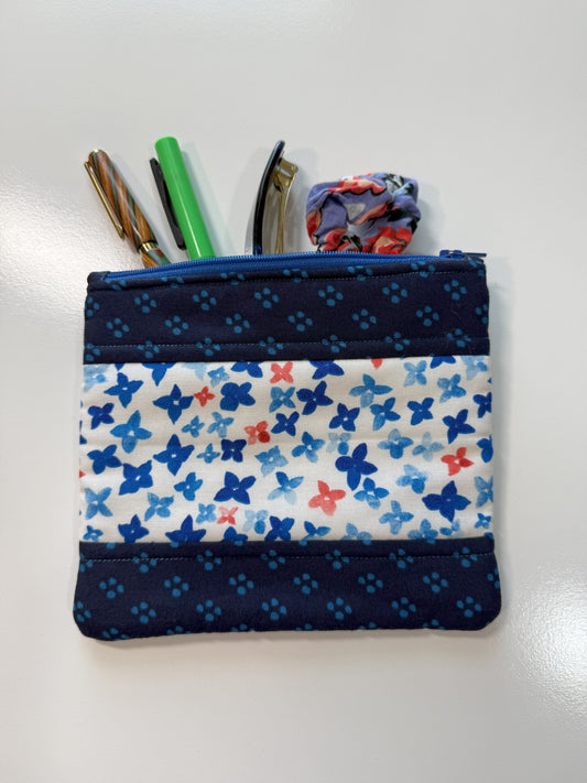 Medium Quilted Zipper Pouch – Blue & White Floral Cotton Organizer