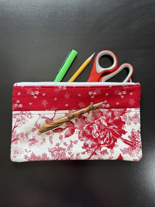 Quilted Zipper Pouch – Handmade Red & White Toile Floral Pencil Case