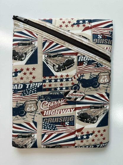 Americana Large Quilted Zipper Pouch – Classic Cars Diagonal Zipper Tablet Sleeve, Handmade Padded Organizer