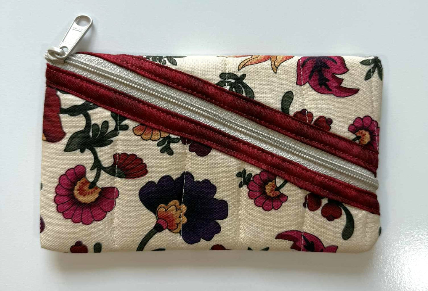 Quilted Diagonal Zipper Pouch – Beige Floral with Maroon Trim, Handmade Eyeglass & Pencil Case