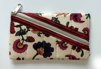 Quilted Diagonal Zipper Pouch – Beige Floral with Maroon Trim, Handmade Eyeglass & Pencil Case