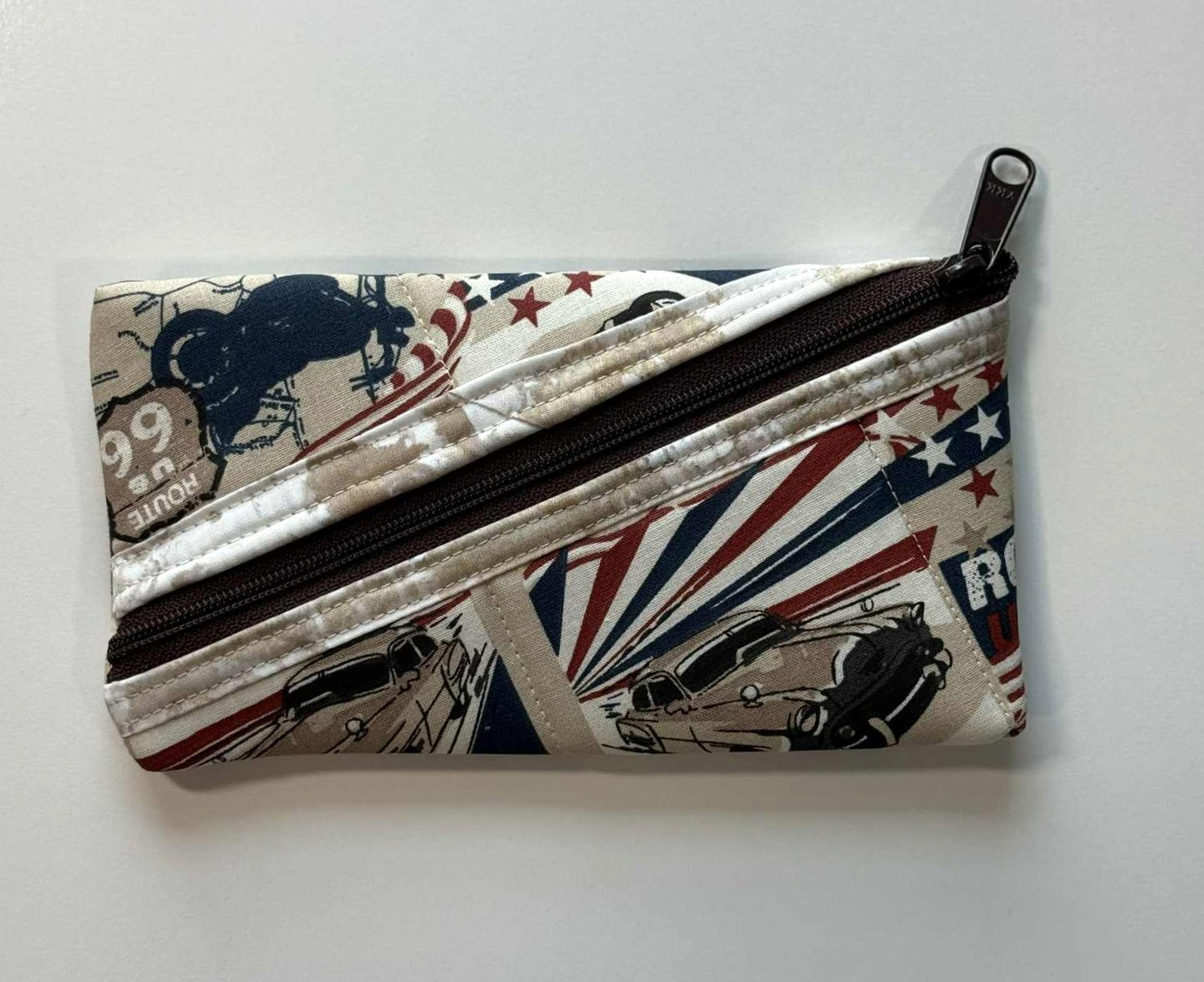 Americana Quilted Zipper Pouch – Classic Cars & Patriotic Fabric, Handmade Diagonal Zip Pouch