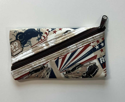 Americana Quilted Zipper Pouch – Classic Cars & Patriotic Fabric, Handmade Diagonal Zip Pouch