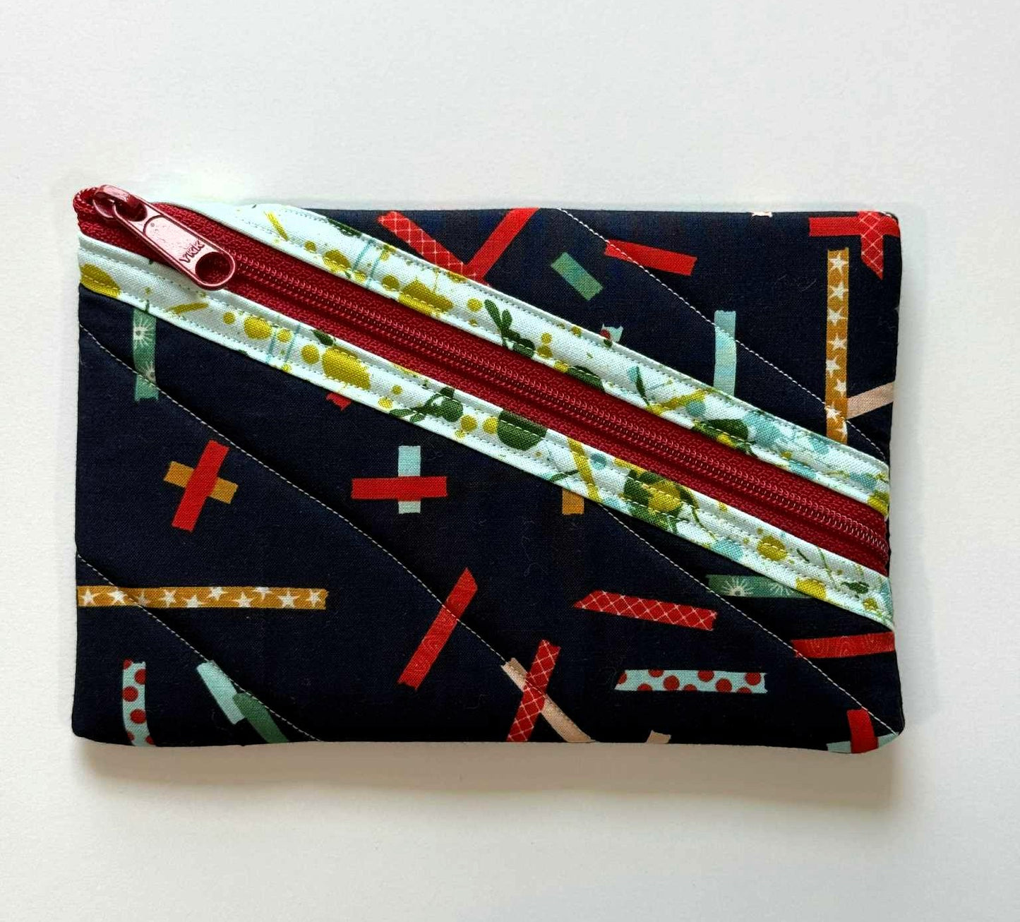 Quilted Zipper Pouch - Navy Ribbon Print with Diagonal Red Zipper, Handmade Eyeglass & Pencil Case