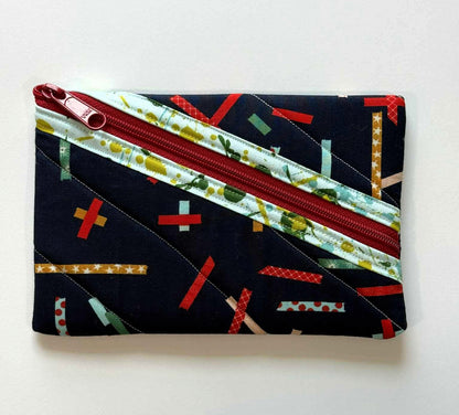 Quilted Zipper Pouch - Navy Ribbon Print with Diagonal Red Zipper, Handmade Eyeglass & Pencil Case