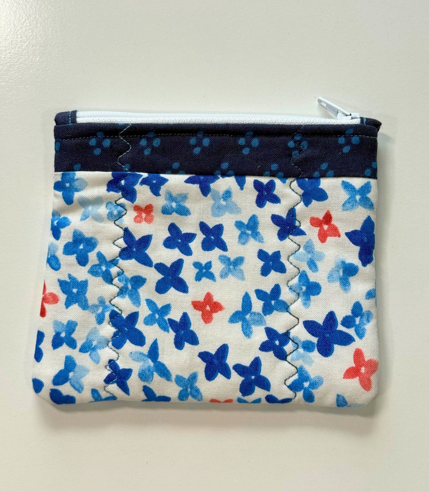White and Blue Floral Fabric Zipper Pouch