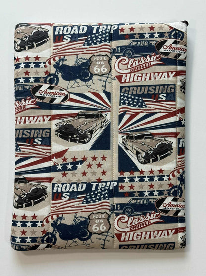 Americana Large Quilted Zipper Pouch – Classic Cars Diagonal Zipper Tablet Sleeve, Handmade Padded Organizer