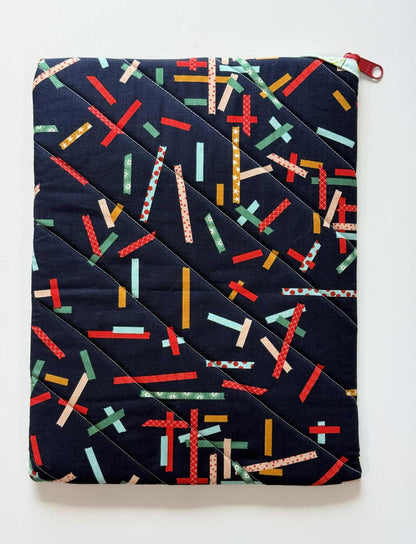 Large Quilted Zipper Pouch – Navy Ribbon Print Tablet Sleeve with Diagonal Zipper