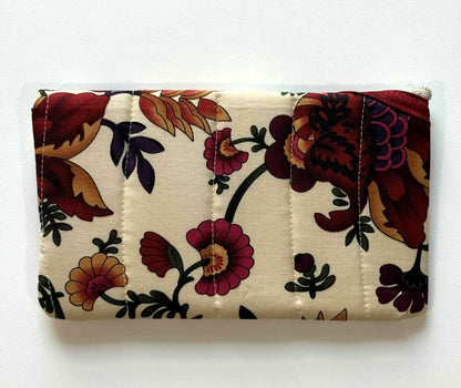 Quilted Diagonal Zipper Pouch – Beige Floral with Maroon Trim, Handmade Eyeglass & Pencil Case