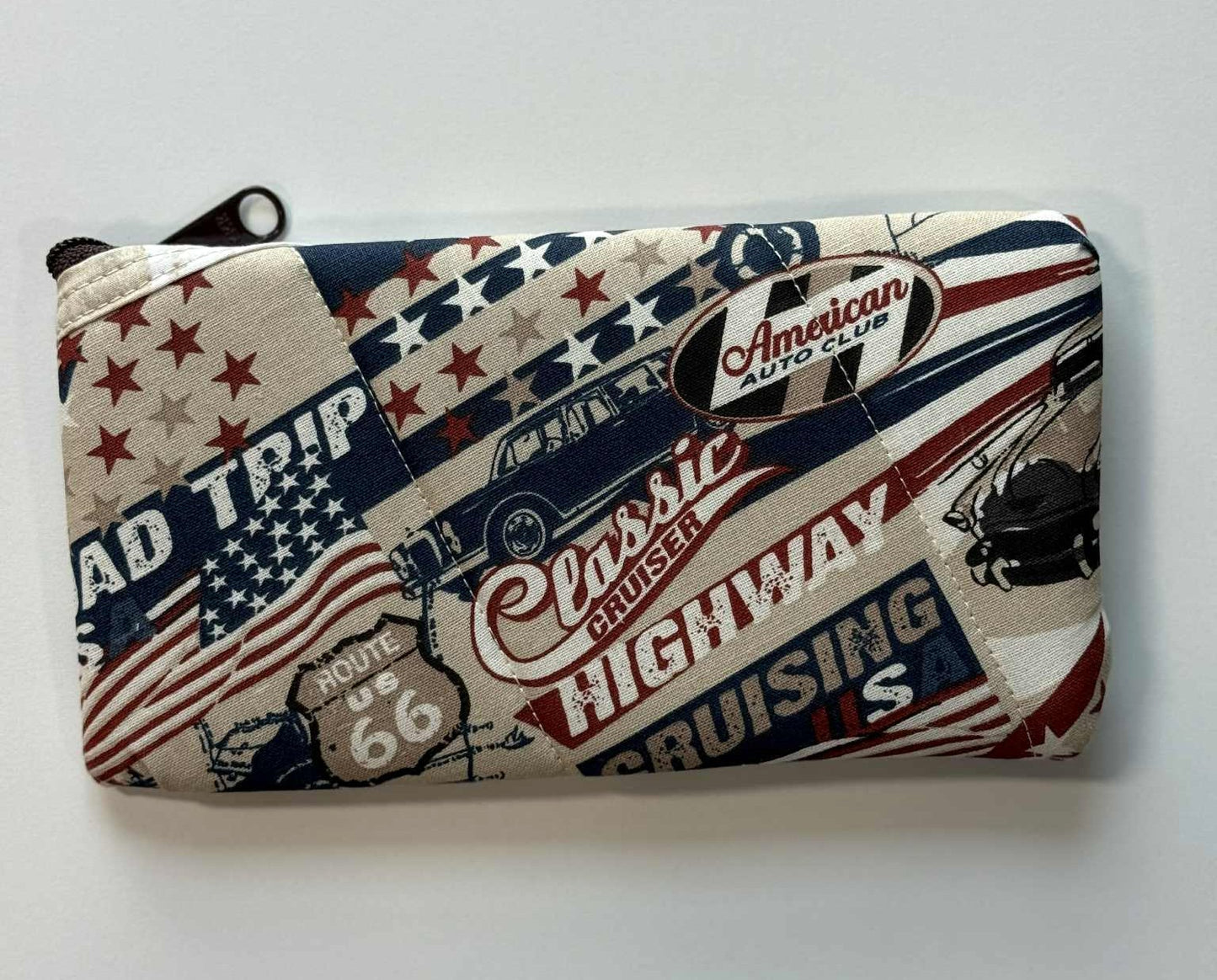 Americana Quilted Zipper Pouch – Classic Cars & Patriotic Fabric, Handmade Diagonal Zip Pouch