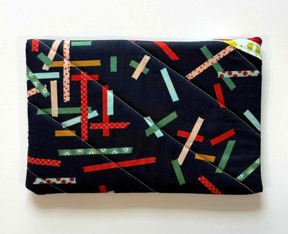 Quilted Zipper Pouch - Navy Ribbon Print with Diagonal Red Zipper, Handmade Eyeglass & Pencil Case