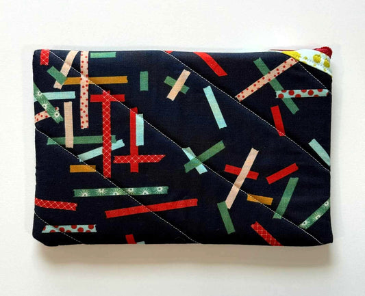 Quilted Zipper Pouch - Navy Ribbon Print with Diagonal Red Zipper, Handmade Eyeglass & Pencil Case