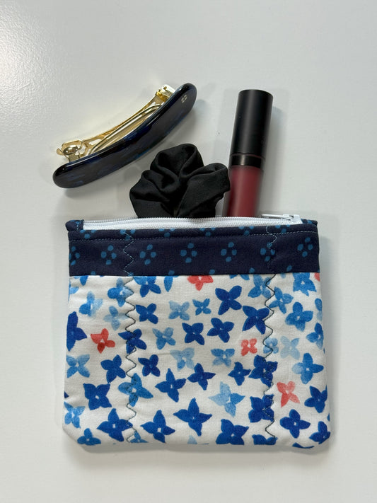 White and Blue Floral Fabric Zipper Pouch
