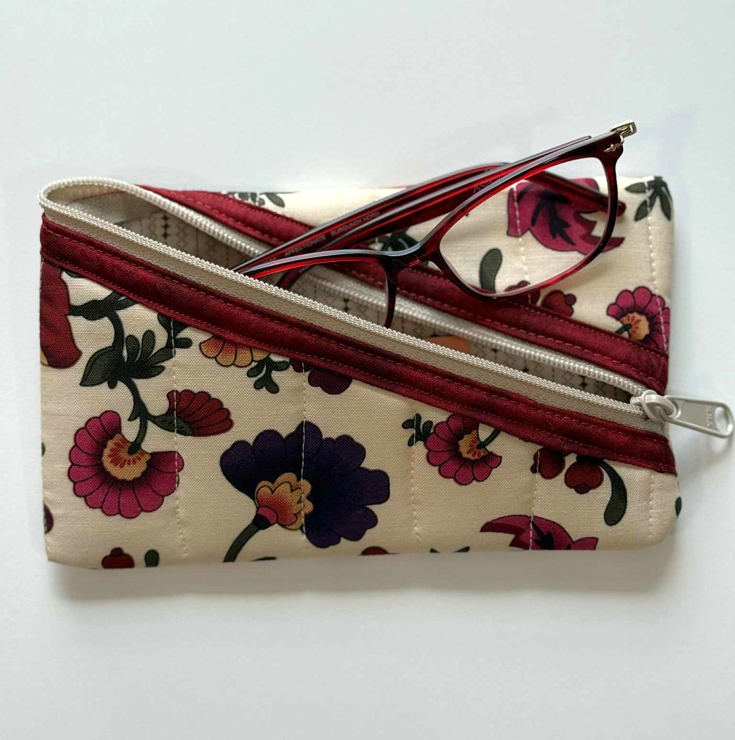 Quilted Diagonal Zipper Pouch – Beige Floral with Maroon Trim, Handmade Eyeglass & Pencil Case