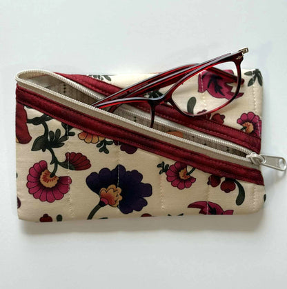 Quilted Diagonal Zipper Pouch – Beige Floral with Maroon Trim, Handmade Eyeglass & Pencil Case