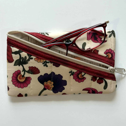 Quilted Diagonal Zipper Pouch – Beige Floral with Maroon Trim, Handmade Eyeglass & Pencil Case