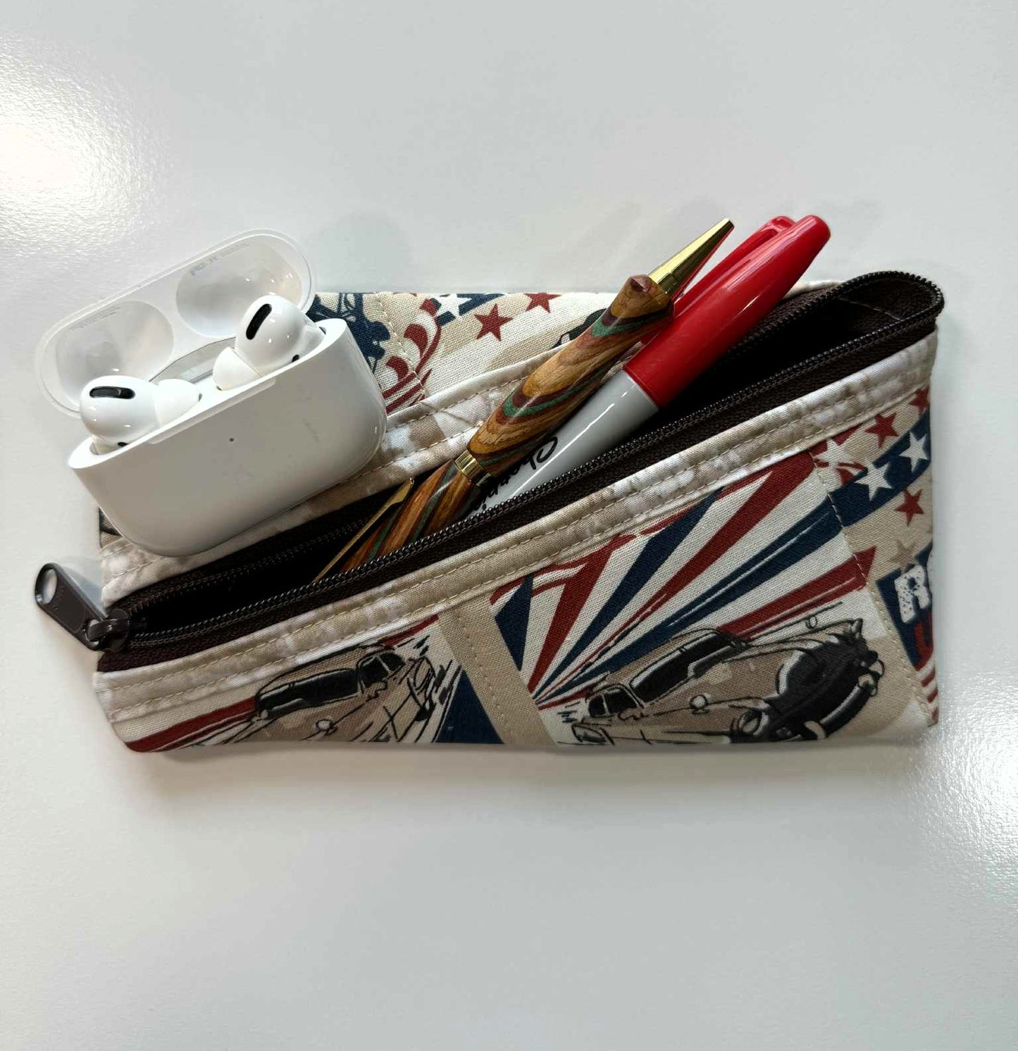 Americana Quilted Zipper Pouch – Classic Cars & Patriotic Fabric, Handmade Diagonal Zip Pouch