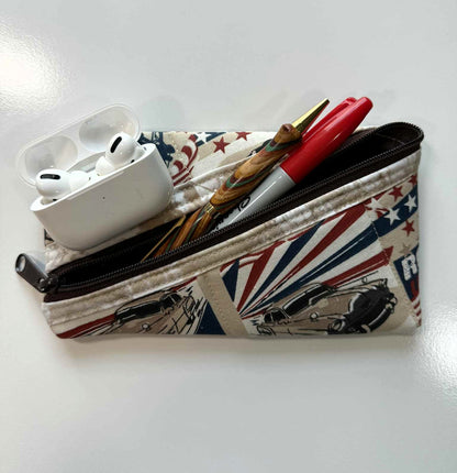 Americana Quilted Zipper Pouch – Classic Cars & Patriotic Fabric, Handmade Diagonal Zip Pouch
