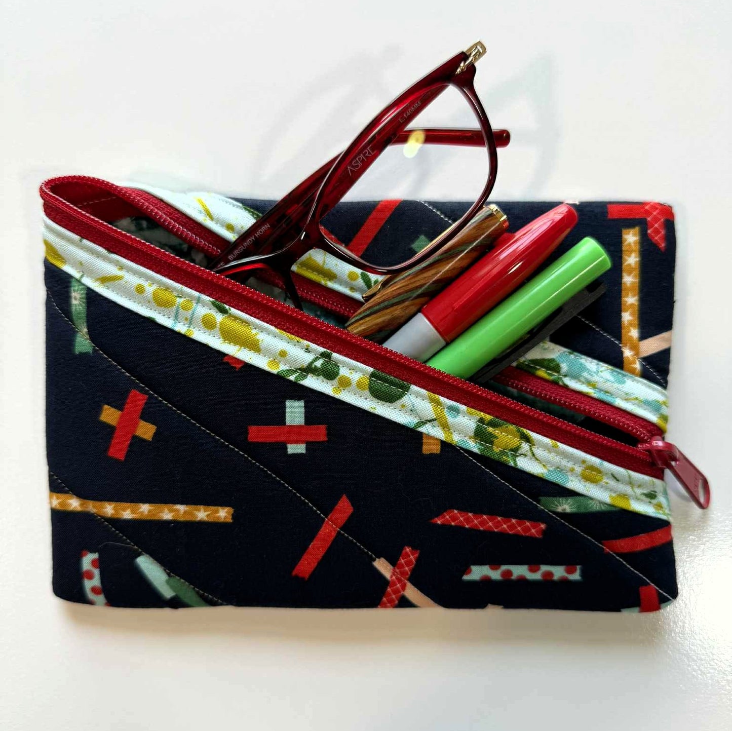 Quilted Zipper Pouch - Navy Ribbon Print with Diagonal Red Zipper, Handmade Eyeglass & Pencil Case