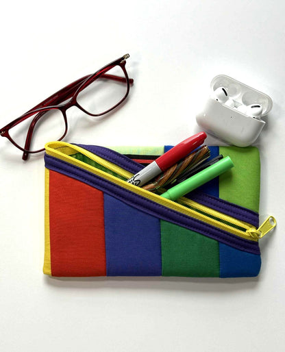 Rainbow Stripes Quilted Zipper Pouch – Handmade Diagonal Zip Pouch for Glasses, Pens & Everyday Essentials
