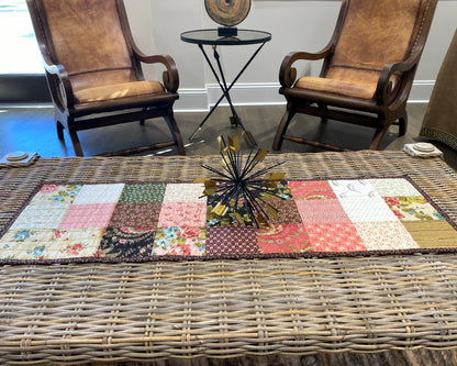 Quilted Table Runner – Floral Patchwork in Warm Neutrals & Pink | Handmade Cotton Table Décor