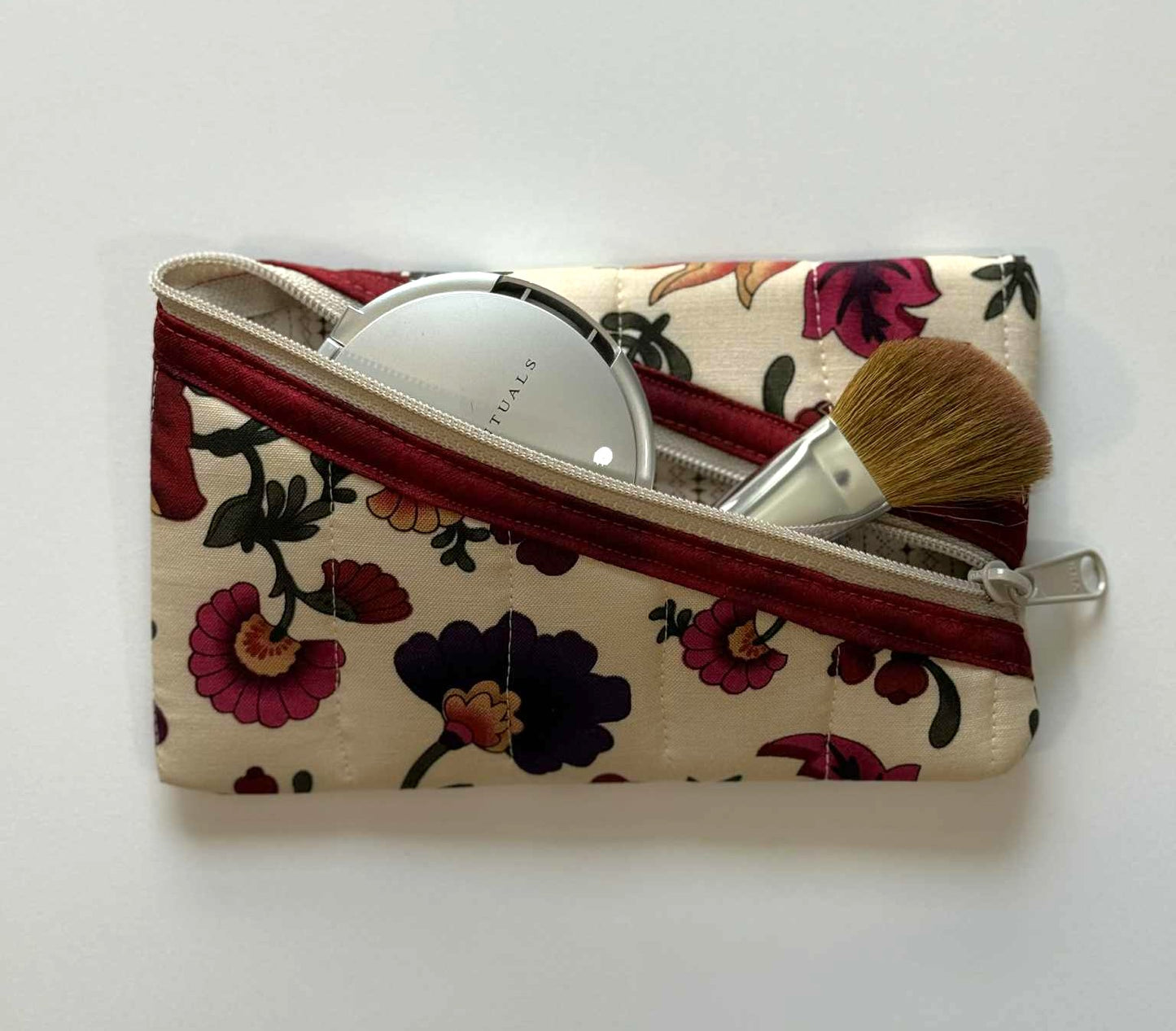 Quilted Diagonal Zipper Pouch – Beige Floral with Maroon Trim, Handmade Eyeglass & Pencil Case