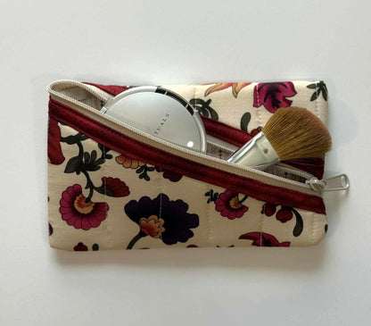 Quilted Diagonal Zipper Pouch – Beige Floral with Maroon Trim, Handmade Eyeglass & Pencil Case