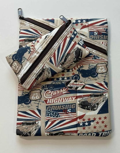 Americana Quilted Zipper Pouch – Classic Cars & Patriotic Fabric, Handmade Diagonal Zip Pouch