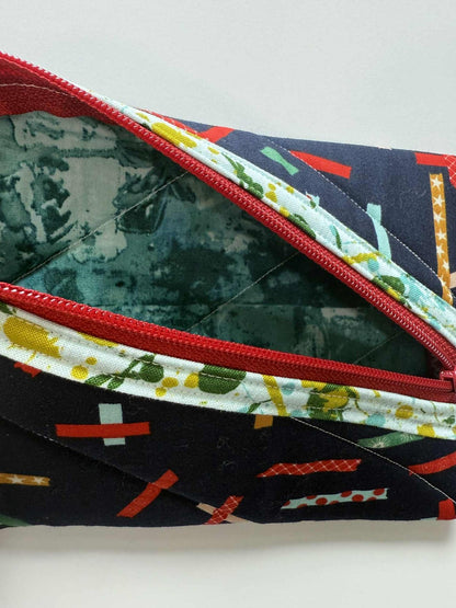 Quilted Zipper Pouch - Navy Ribbon Print with Diagonal Red Zipper, Handmade Eyeglass & Pencil Case