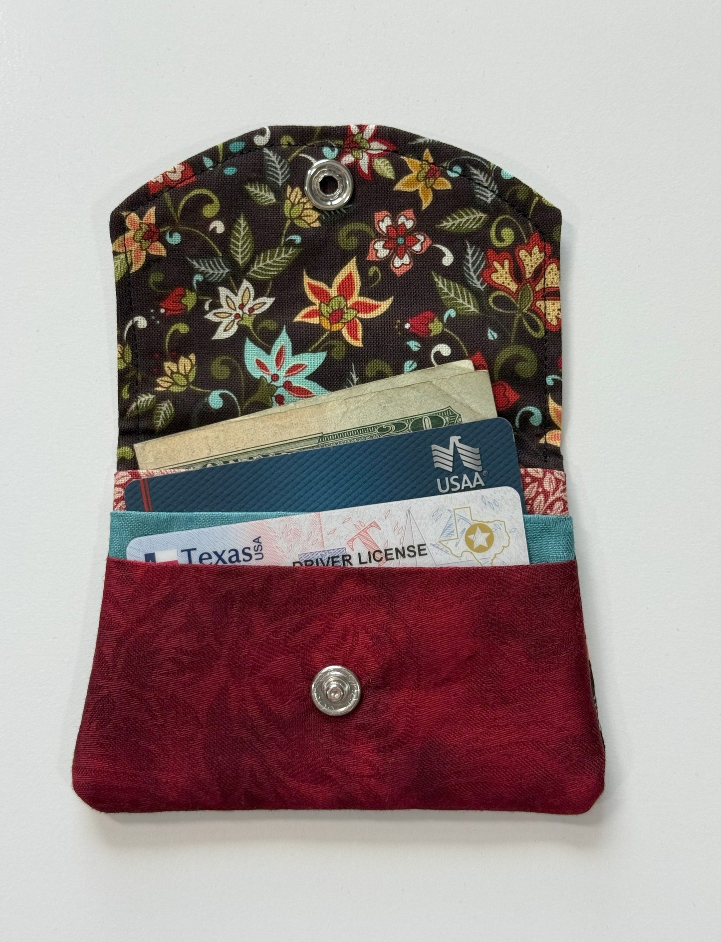 Brown Floral and Deep Red Fabric Wallet
