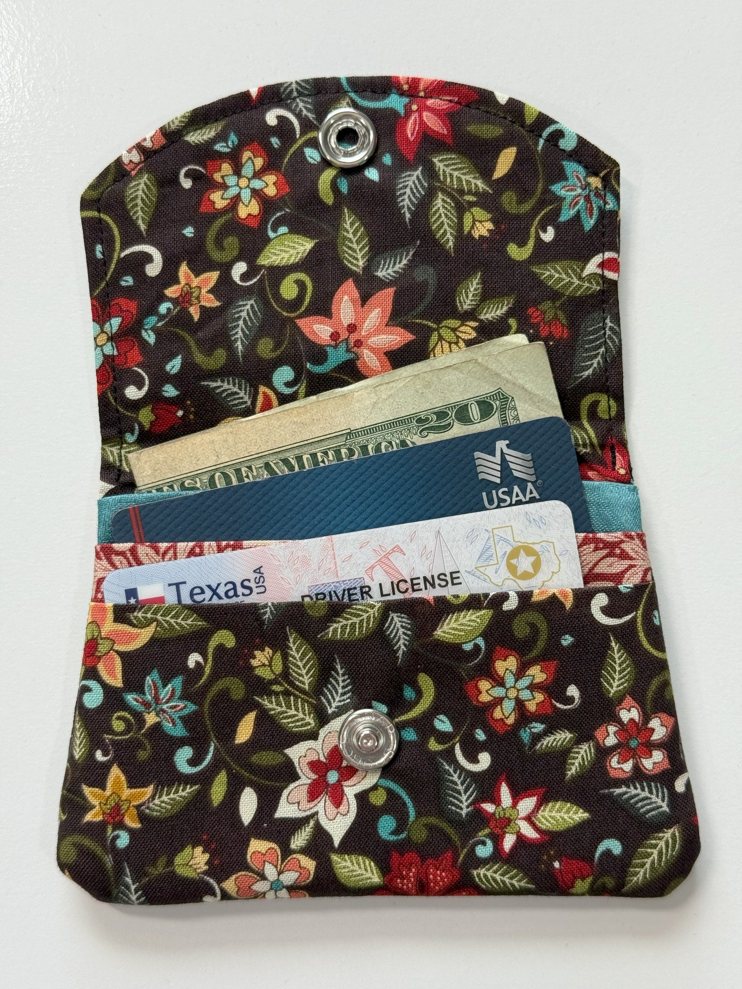 Brown Floral Fabric Wallet with Red and Blue Accents