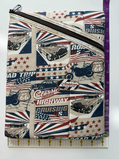 Americana Large Quilted Zipper Pouch – Classic Cars Diagonal Zipper Tablet Sleeve, Handmade Padded Organizer