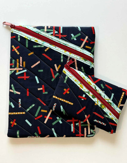 Large Quilted Zipper Pouch – Navy Ribbon Print Tablet Sleeve with Diagonal Zipper