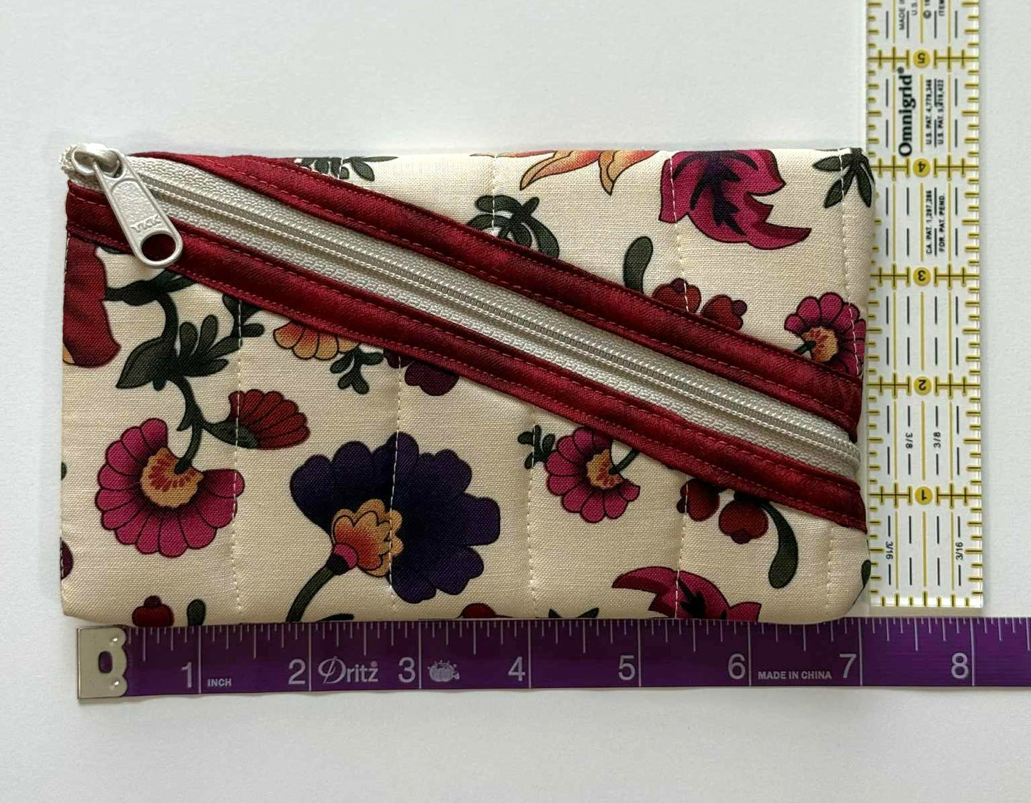 Quilted Diagonal Zipper Pouch – Beige Floral with Maroon Trim, Handmade Eyeglass & Pencil Case