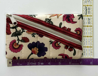 Quilted Diagonal Zipper Pouch – Beige Floral with Maroon Trim, Handmade Eyeglass & Pencil Case