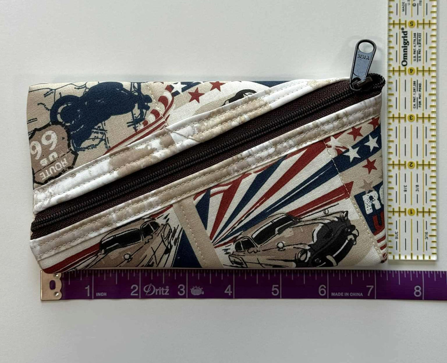 Americana Quilted Zipper Pouch – Classic Cars & Patriotic Fabric, Handmade Diagonal Zip Pouch