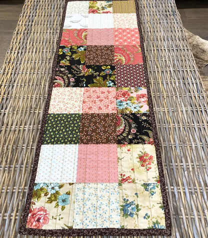Quilted Table Runner – Floral Patchwork in Warm Neutrals & Pink | Handmade Cotton Table Décor