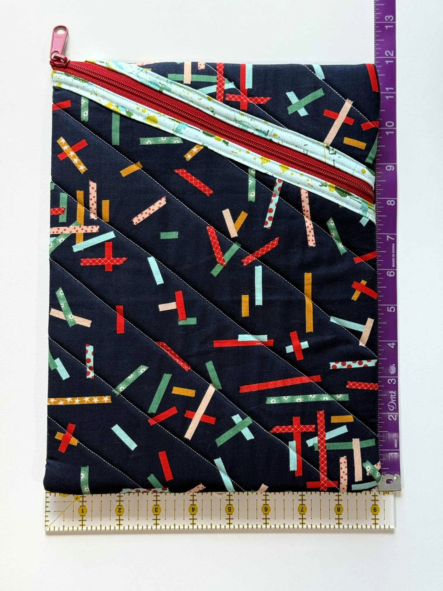 Large Quilted Zipper Pouch – Navy Ribbon Print Tablet Sleeve with Diagonal Zipper