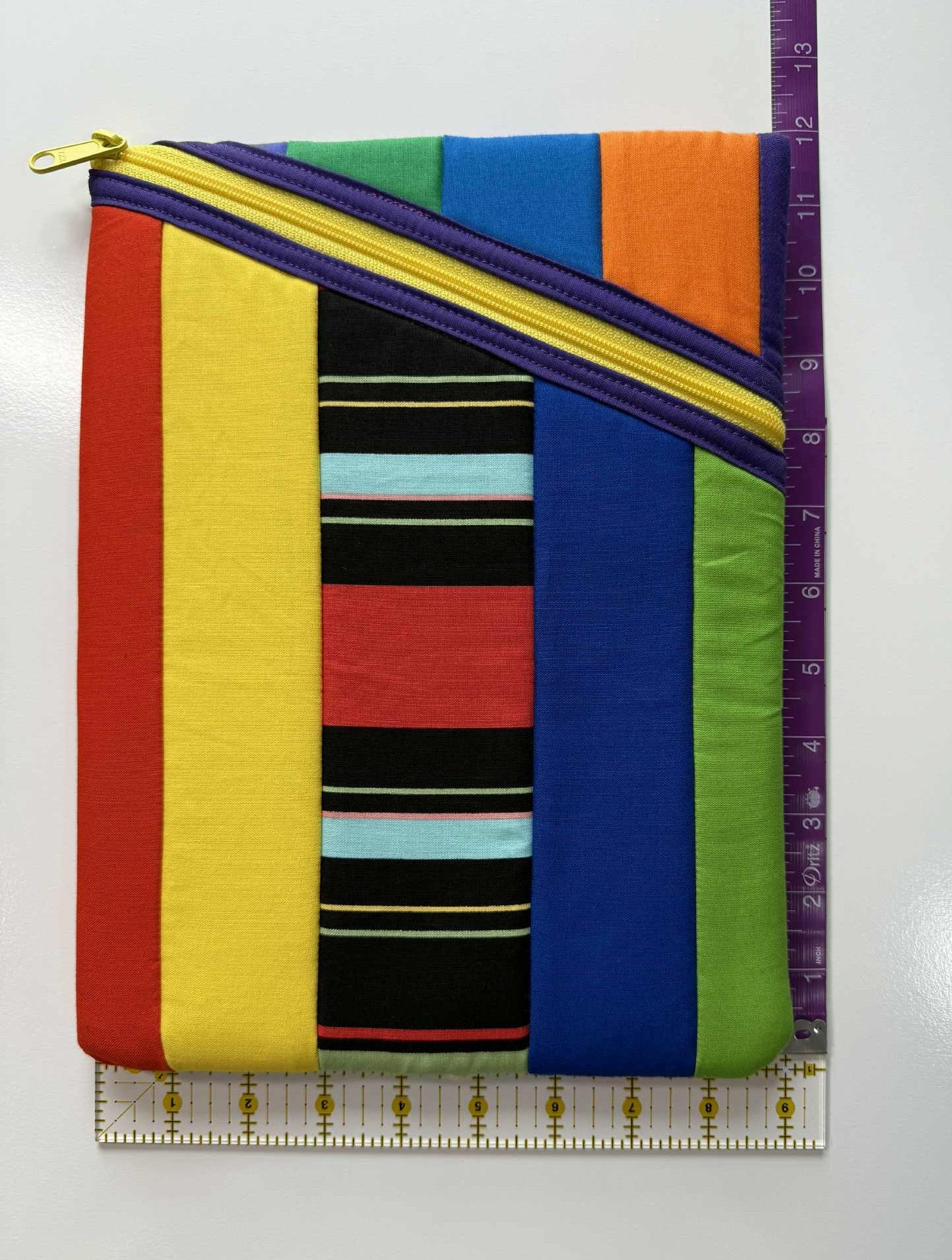 Rainbow Stripes Large Quilted Zipper Pouch – Handmade Diagonal Zip Tablet Sleeve