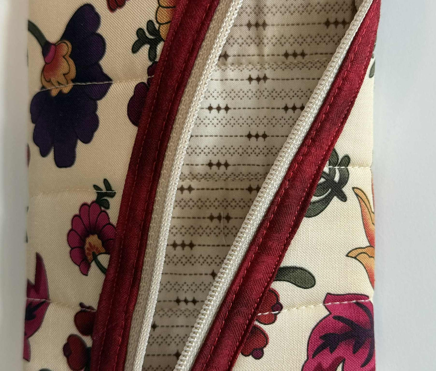 Quilted Diagonal Zipper Pouch – Beige Floral with Maroon Trim, Handmade Eyeglass & Pencil Case
