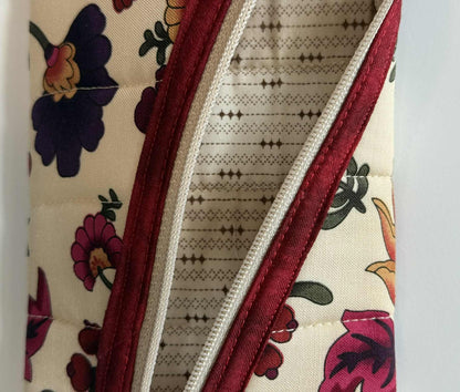 Quilted Diagonal Zipper Pouch – Beige Floral with Maroon Trim, Handmade Eyeglass & Pencil Case