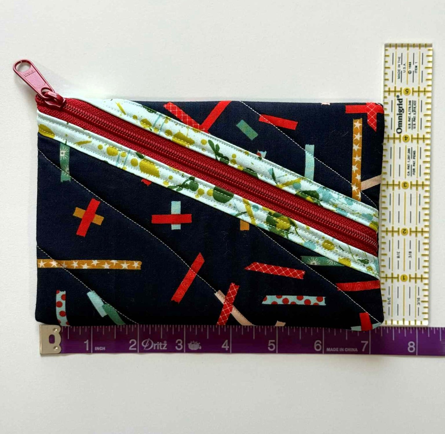 Quilted Zipper Pouch - Navy Ribbon Print with Diagonal Red Zipper, Handmade Eyeglass & Pencil Case