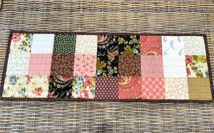 Quilted Table Runner – Floral Patchwork in Warm Neutrals & Pink | Handmade Cotton Table Décor