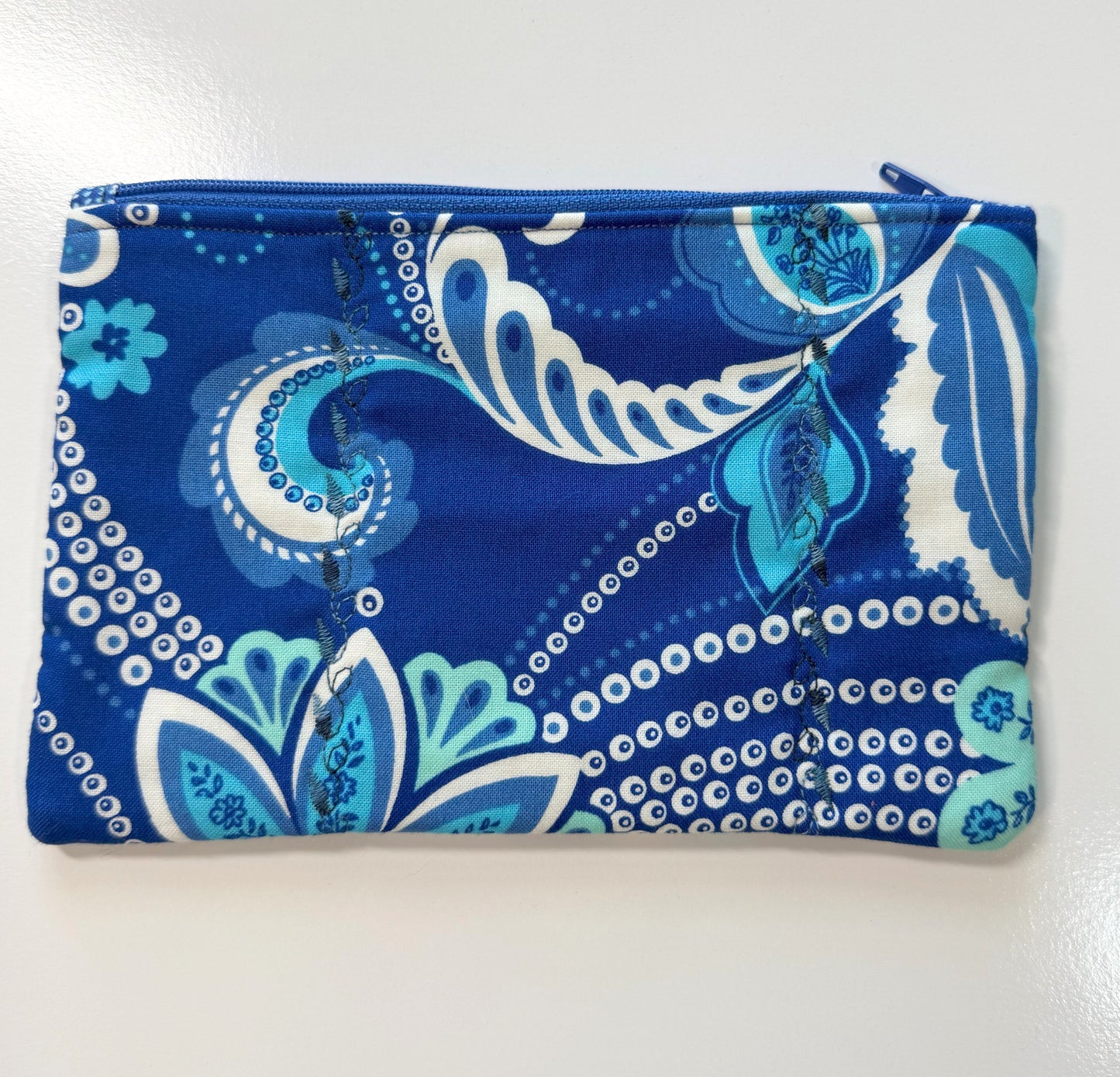 Medium Quilted Zipper Pouch – Blue & White Floral Pencil Case, Handmade Cotton Organizer