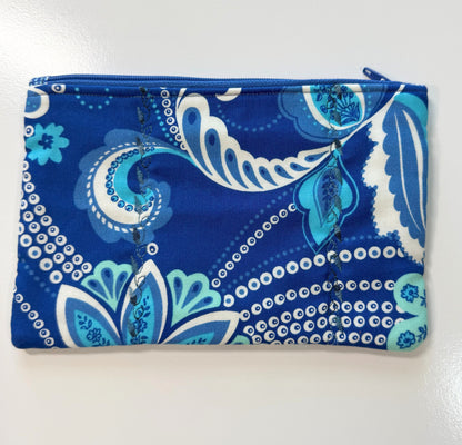 Medium Quilted Zipper Pouch – Blue & White Floral Pencil Case, Handmade Cotton Organizer
