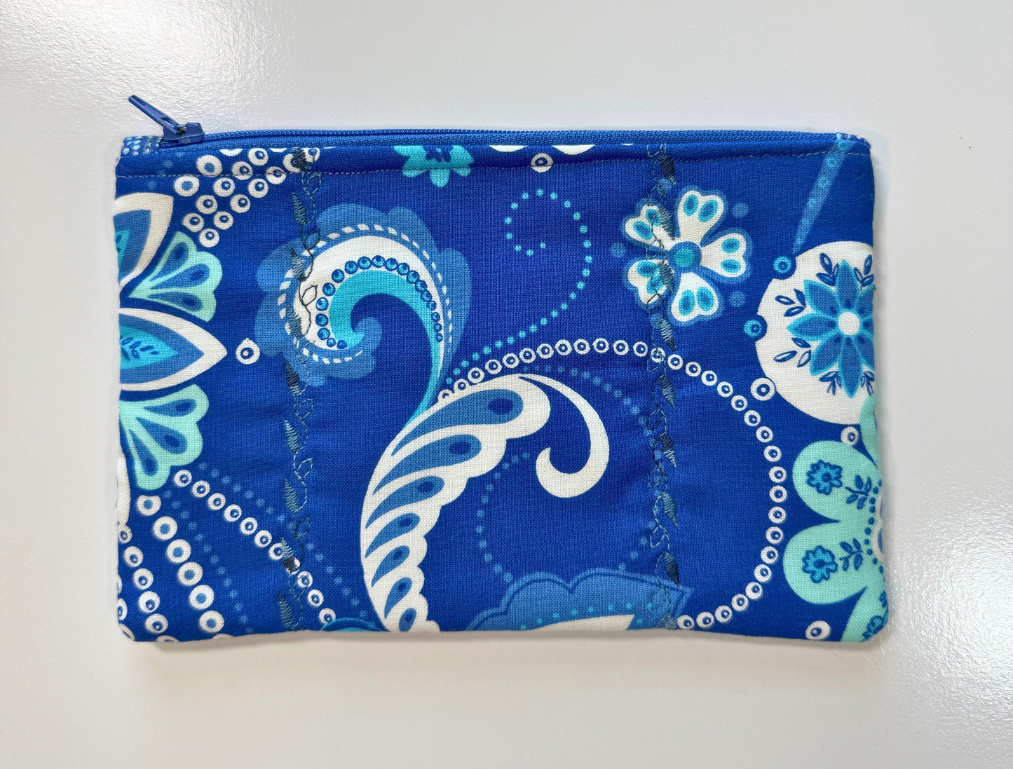 Medium Quilted Zipper Pouch – Blue & White Floral Pencil Case, Handmade Cotton Organizer
